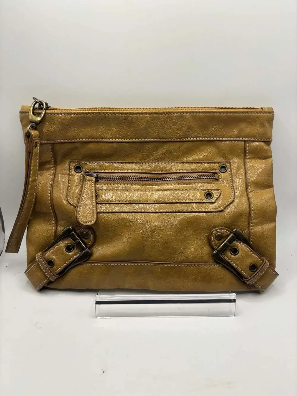 Steve Madden Tan Faux Leather Crossbody Clutch with Buckle Details